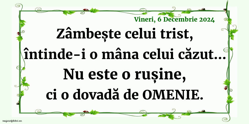 Vineri 6 Decembrie 2024 Zâmbește celui trist, întinde-i o mâna celui căzut... Nu este o rușine, ci o dovada de omenie.