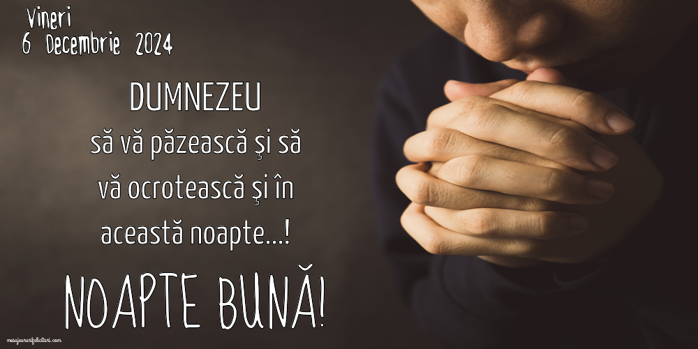 Vineri 6 Decembrie 2024 DUMNEZEU să vă păzească şi să vă ocrotească şi în această noapte...! Noapte Bună!