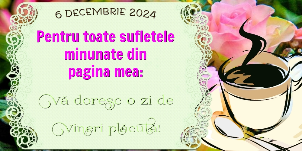 6 Decembrie 2024 Pentru toate sufletele minunate din pagina mea: Vă doresc o zi de Vineri plăcută!