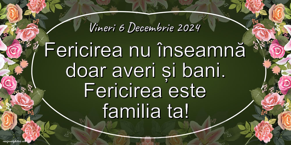 Vineri 6 Decembrie 2024 Fericirea nu înseamnă doar averi și bani. Fericirea este familia ta!