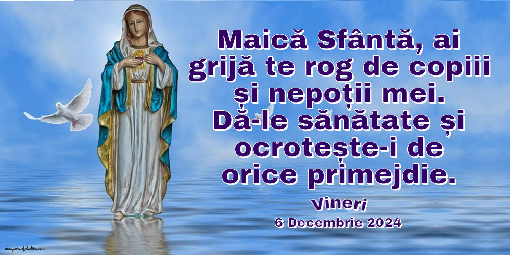 Maică Sfântă, ai grijă te rog de copiii și nepoții mei. Dă-le sănătate și ocrotește-i de orice primejdie. Vineri 6 Decembrie 2024