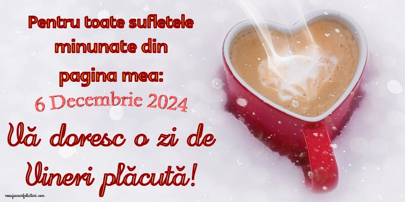 6 Decembrie 2024 Pentru toate sufletele minunate din pagina mea: Vă doresc o zi de Vineri plăcută!