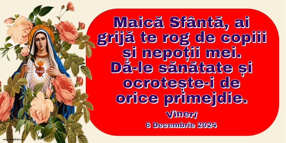 Maică Sfântă, ai grijă te rog de copiii și nepoții mei. Dă-le sănătate și ocrotește-i de orice primejdie. Vineri 6 Decembrie 2024