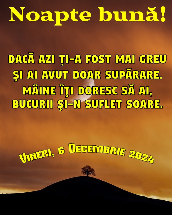 Vineri 6 Decembrie 2024 Dacă azi ți-a fost mai greu şi ai avut doar supărare. Mâine îţi doresc să ai, bucurii şi-n suflet soare. Noapte bună!