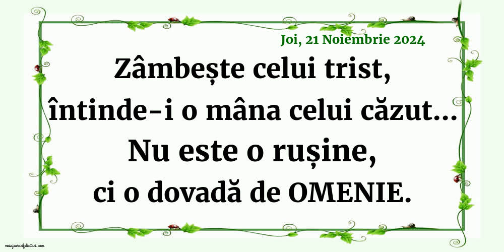 Joi 21 Noiembrie 2024 Zâmbește celui trist, întinde-i o mâna celui căzut... Nu este o rușine, ci o dovada de omenie.