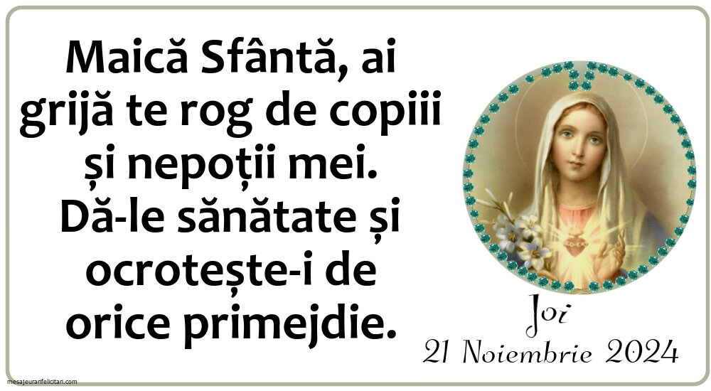 Maică Sfântă, ai grijă te rog de copiii și nepoții mei. Dă-le sănătate și ocrotește-i de orice primejdie. Joi 21 Noiembrie 2024