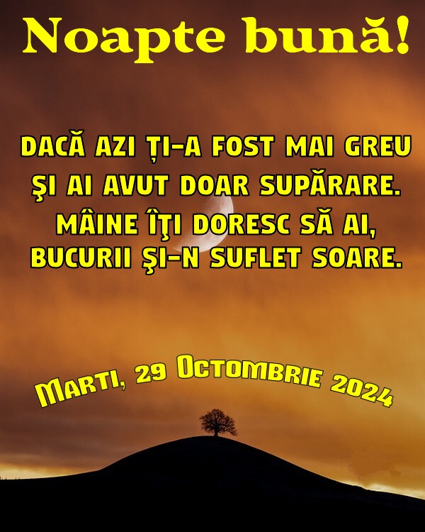 Marti 29 Octombrie 2024 Dacă azi ți-a fost mai greu şi ai avut doar supărare. Mâine îţi doresc să ai, bucurii şi-n suflet soare. Noapte bună!