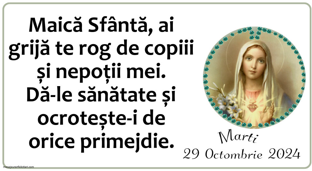 Maică Sfântă, ai grijă te rog de copiii și nepoții mei. Dă-le sănătate și ocrotește-i de orice primejdie. Marti 29 Octombrie 2024