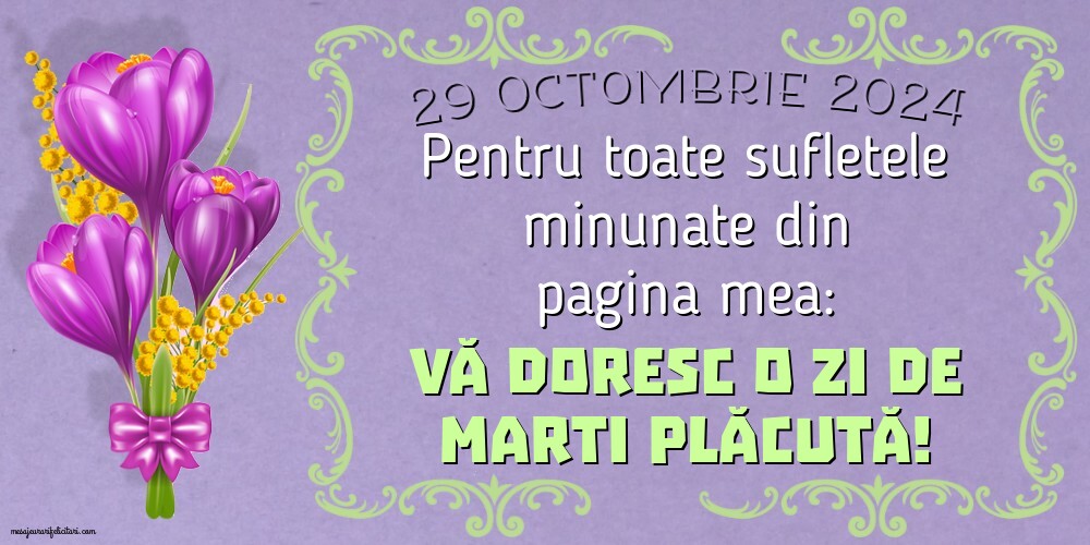 29 Octombrie 2024 Pentru toate sufletele minunate din pagina mea: Vă doresc o zi de Marti plăcută!