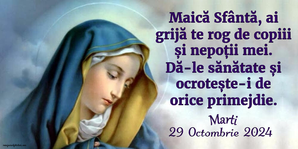 Maică Sfântă, ai grijă te rog de copiii și nepoții mei. Dă-le sănătate și ocrotește-i de orice primejdie. Marti 29 Octombrie 2024