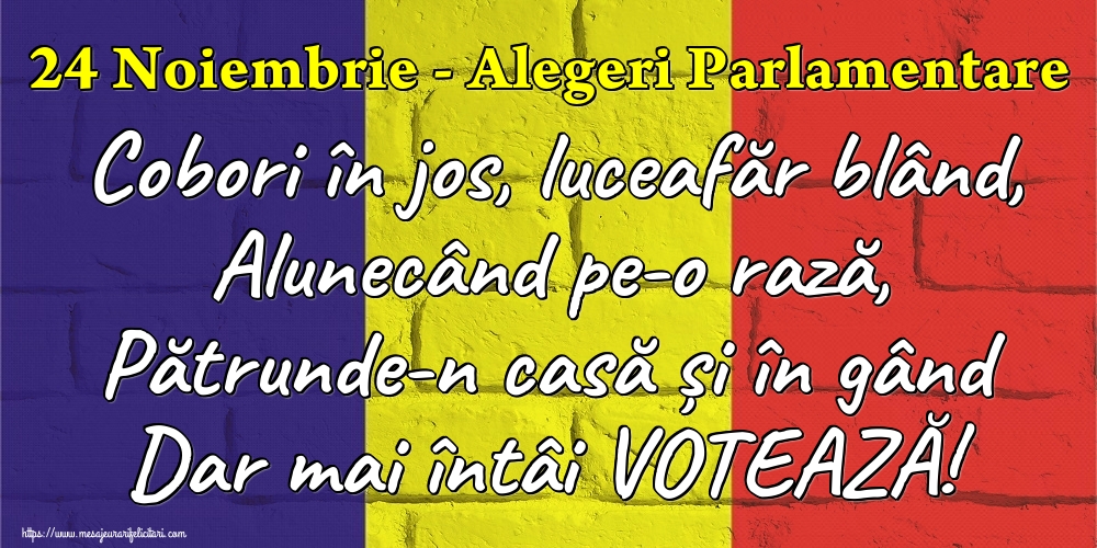 24 Noiembrie - Alegeri Parlamentare Cobori în jos, luceafăr blând, Alunecând pe-o rază, Pătrunde-n casă și în gând Dar mai întâi VOTEAZĂ!