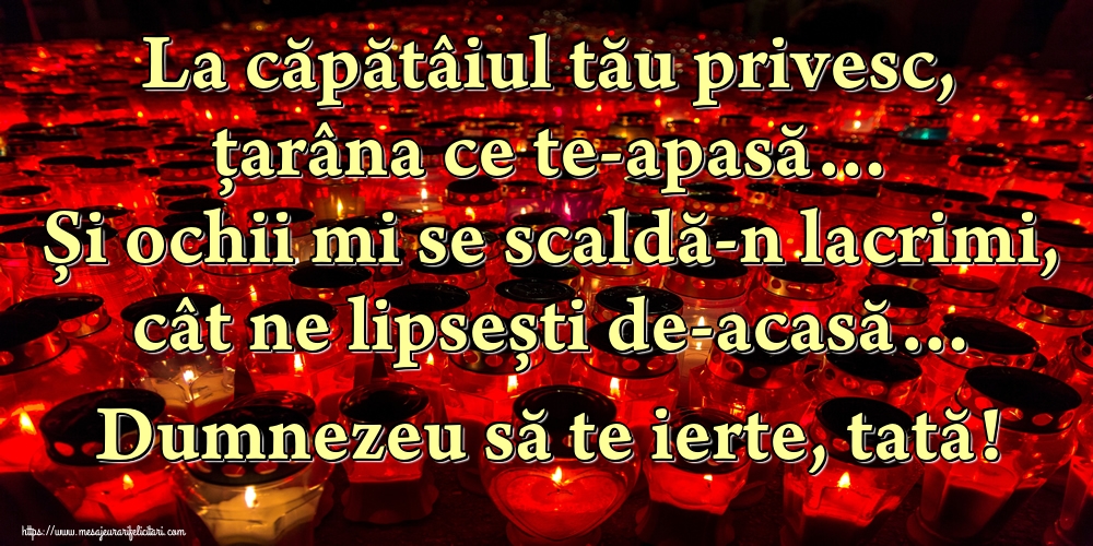 La căpătâiul tău privesc, țarâna ce te-apasă… Și ochii mi se scaldă-n lacrimi, cât ne lipsești de-acasă… Dumnezeu să te ierte, tată!