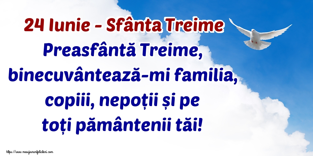 24 Iunie - Sfânta Treime Preasfântă Treime, binecuvântează-mi familia, copiii, nepoții și pe toți pământenii tăi!