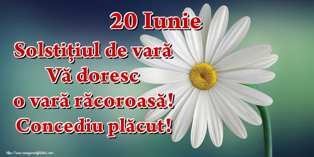 20 Iunie Solstiţiul de vară Vă doresc o vară răcoroasă! Concediu plăcut!