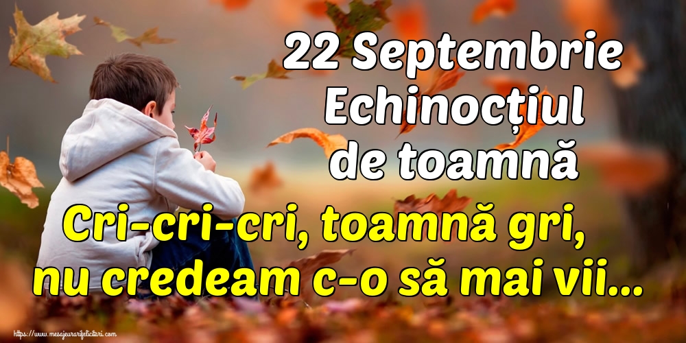 22 Septembrie Echinocțiul de toamnă Cri-cri-cri, toamnă gri, nu credeam c-o să mai vii...