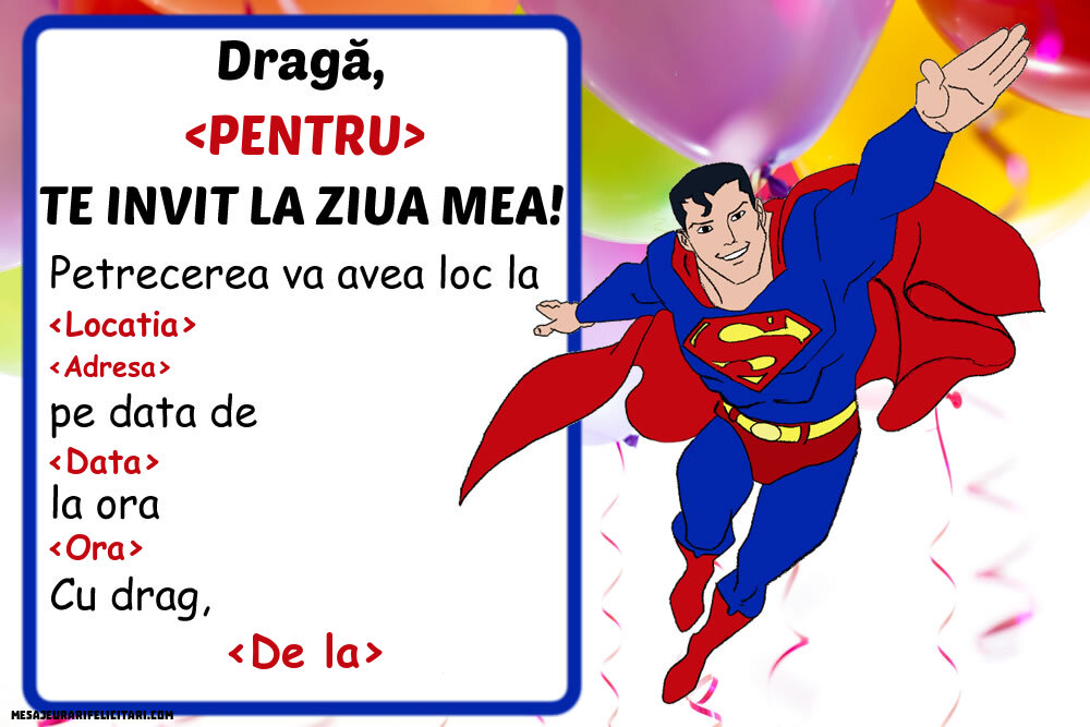 Invitație cu Superman - Invitații la Ziua de nastere copii personalizate