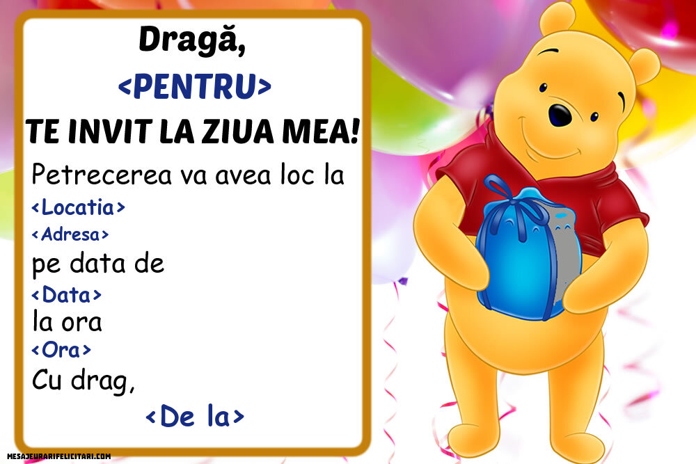 Invitație cu Winnie the Pooh - Invitații la Ziua de nastere copii personalizate