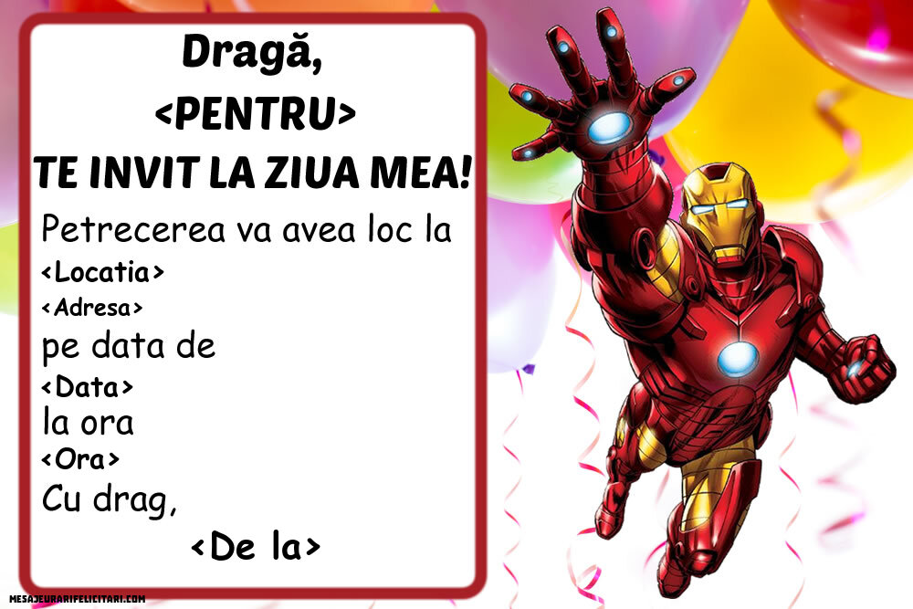 Invitație cu Iron Man - Invitații la Ziua de nastere copii personalizate