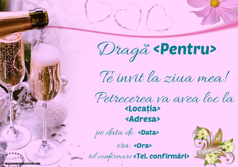 Te invit la ziua mea! Șampanie, inimi și flori - Invitații la Ziua de nastere personalizate