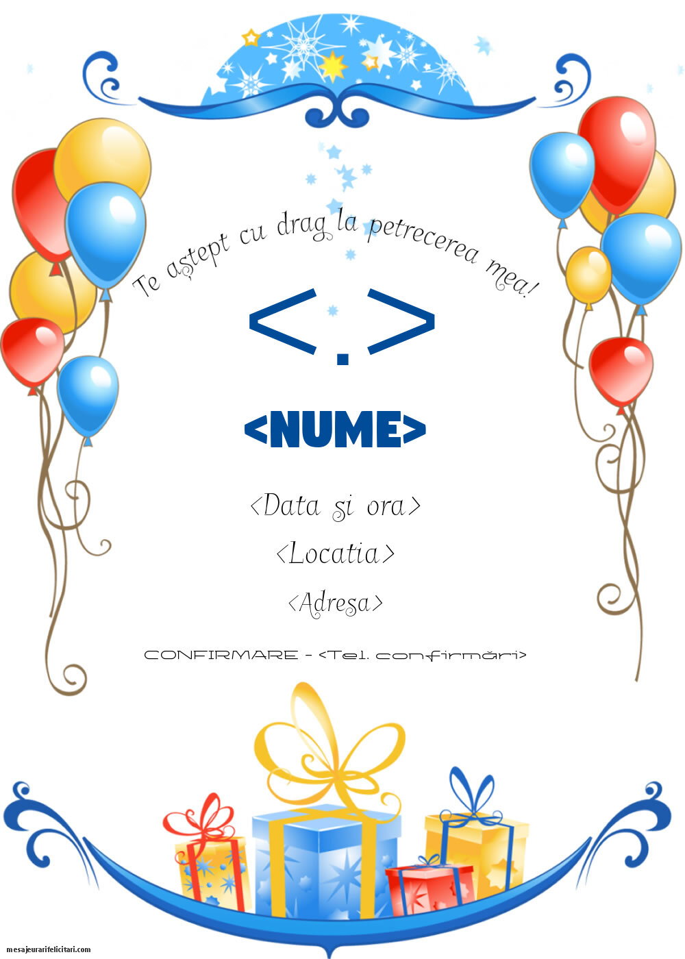 Invitație pentru bărbați cu baloane și cadouri cu vârsta editabilă - Invitații la Ziua de nastere personalizate
