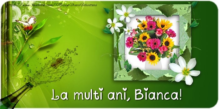  Felicitari de la multi ani - Flori & Sampanie & 1 Poza & Ramă Foto | La multi ani Bianca