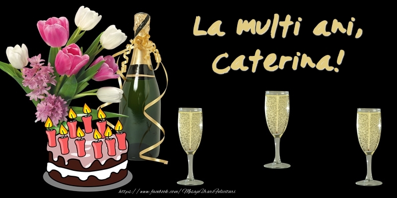  Felicitari de zi de nastere -  Felicitare cu tort, flori si sampanie: La multi ani, Caterina!