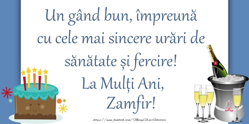 Felicitari de zi de nastere - Sampanie & Tort | Un gând bun, împreună cu cele mai sincere urări de sănătate și fercire! La Mulți Ani, Zamfir!