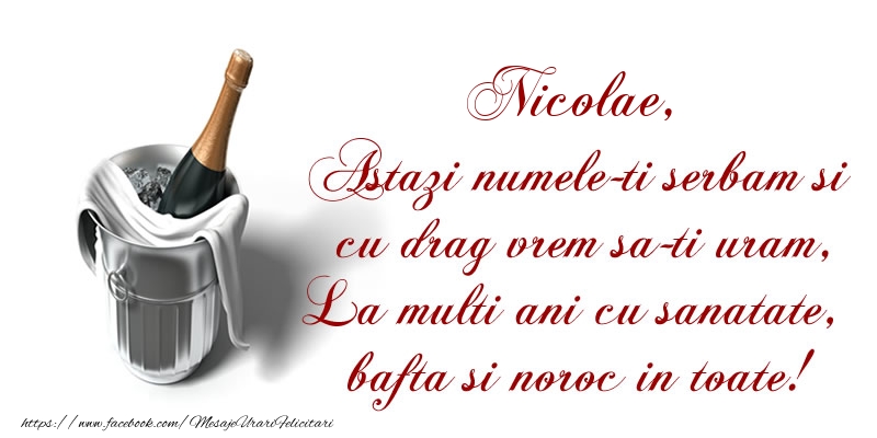 Ziua Numelui Nicolae Astazi numele-ti serbam si cu drag vrem sa-ti uram, La multi ani cu sanatate, bafta si noroc in toate.