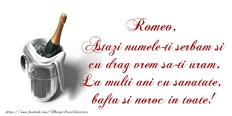  Felicitari de Ziua Numelui - Sampanie | Romeo Astazi numele-ti serbam si cu drag vrem sa-ti uram, La multi ani cu sanatate, bafta si noroc in toate.