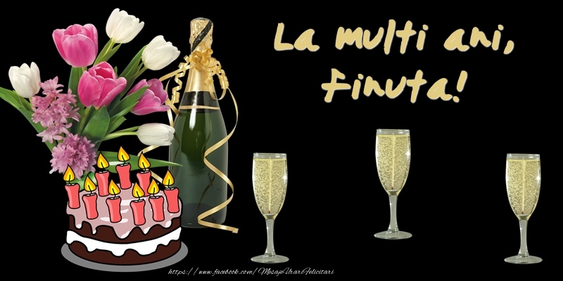 Felicitari de zi de nastere pentru Fina - Felicitare cu tort, flori si sampanie: La multi ani, finuta!