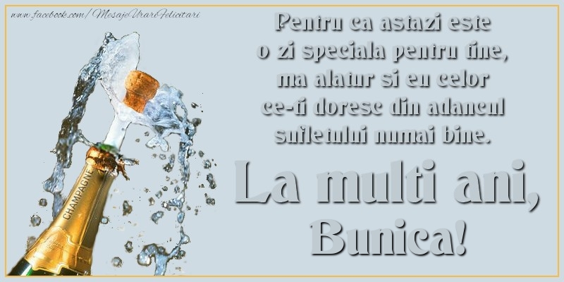 Felicitari de Ziua Numelui pentru Bunica - Pentru ca astazi este o zi speciala pentru tine, ma alatur si eu celor ce-ti doresc din adancul sufletului numai bine. La multi an, bunica