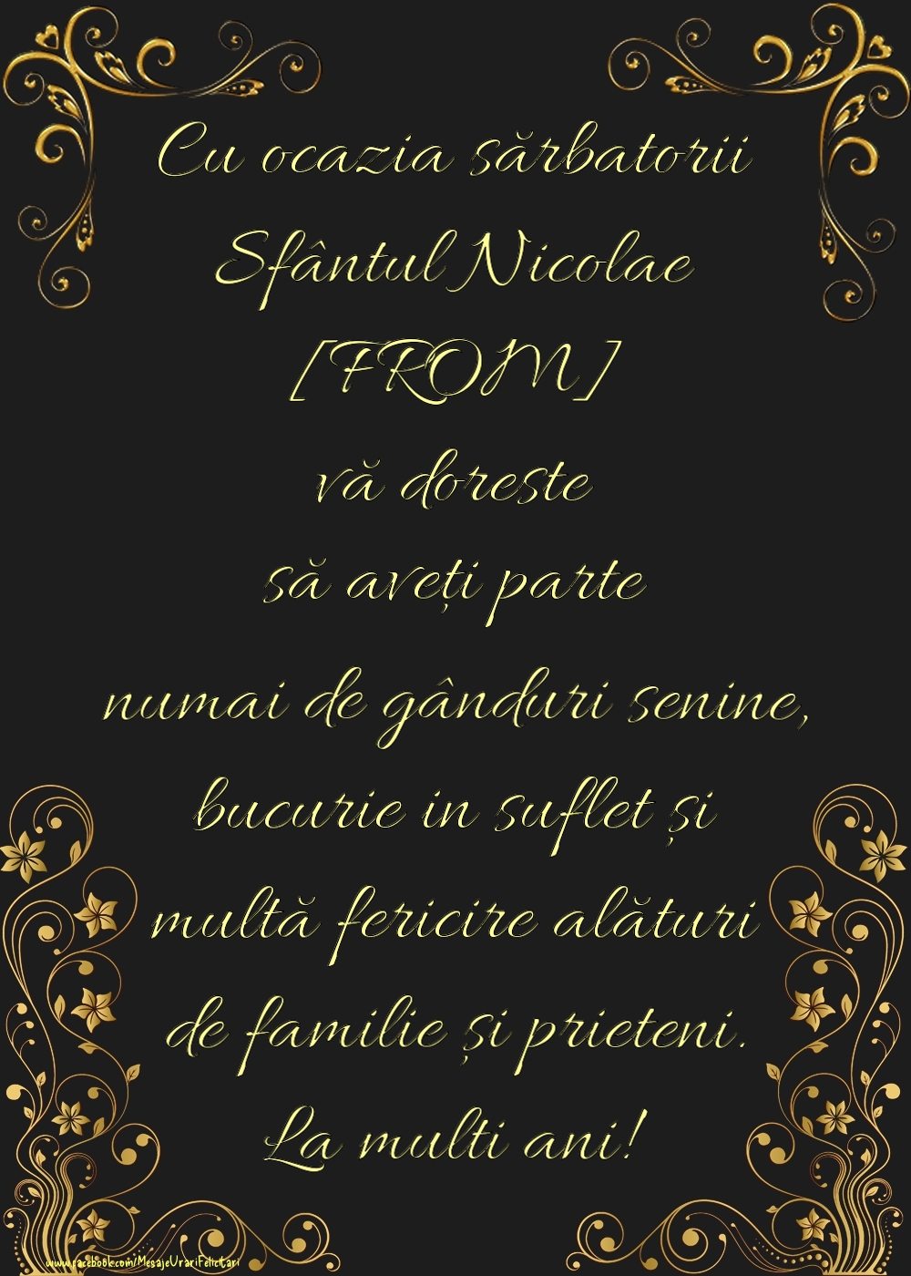 Felicitari personalizate de Mos Nicolae - Urare de Sfântul Nicolae din partea familiei. Model vertical cu rama foto si flori