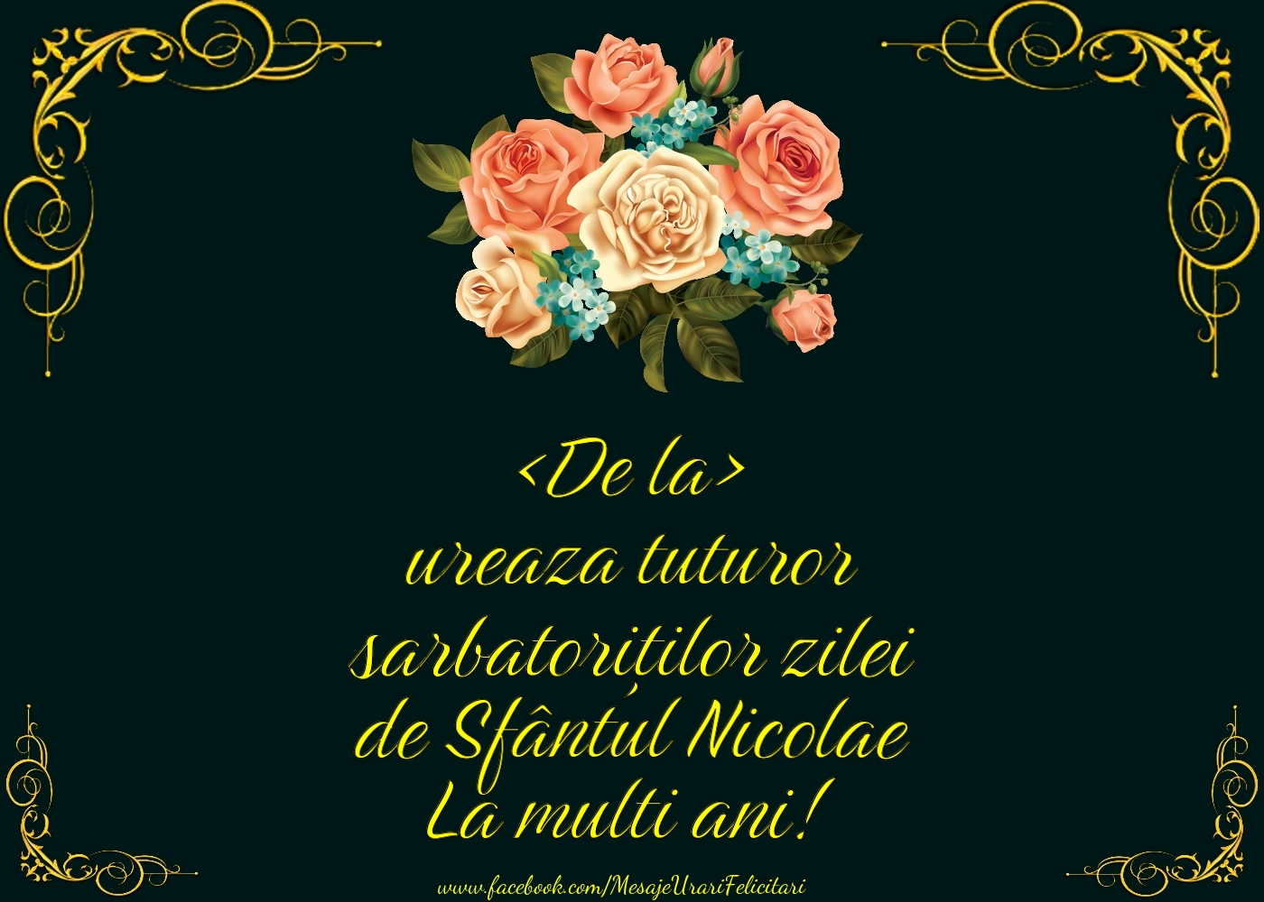 Felicitari personalizate de Mos Nicolae - Urare de Sfântul Nicolae pentru colaboratori. Model cu trandafiri și colțare aurii