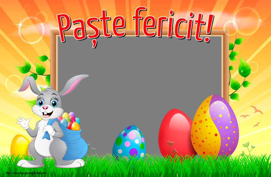 Felicitari personalizate de Paste - Iepuras & 1 Poza & Ramă Foto | Paște fericit! - Rama foto ~ Iepurilă cu un sac de ouă colorate