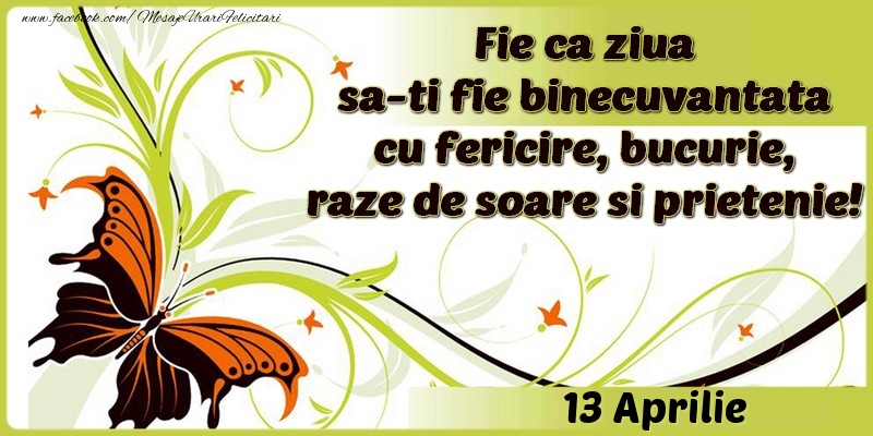 Fie ca ziua sa-ti fie binecuvantata cu fericire, bucurie, raze de soare si prietenie!13 Aprilie