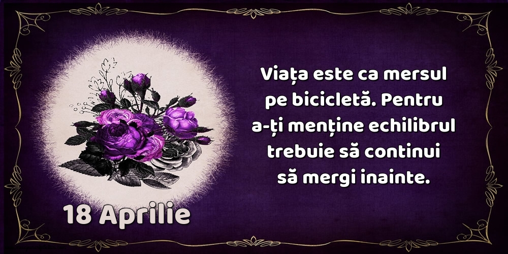 18.Aprilie Viața este ca mersul pe bicicletă. Pentru a-ți menține echilibrul trebuie să continui să mergi inainte.