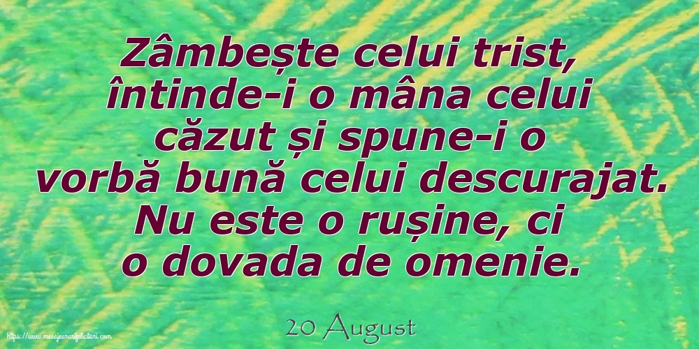 Felicitari de 20 August - 20 August - Zâmbește celui trist, întinde-i o mâna celui căzut... Nu este o rușine, ci o dovada de omenie.