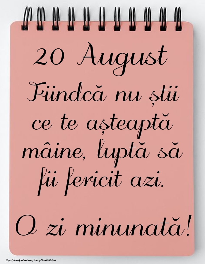 Felicitari de 20 August - Mesajul zilei -  20 August - O zi minunată!