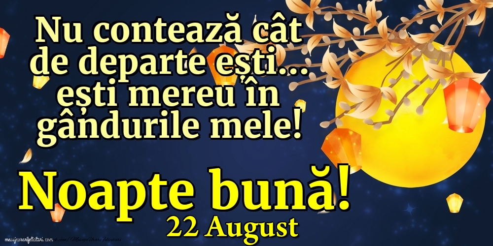 Felicitari de 22 August - 22 August - Nu contează cât de departe ești... ești mereu în gândurile mele! Noapte bună!