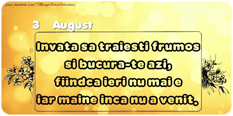 Felicitari de 3 August - Invata sa traiesti frumos si bucura-te azi, fiindca ieri nu mai e iar maine inca nu a venit. August 3