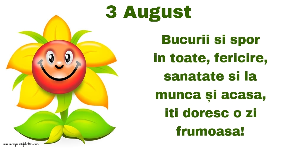 3.August Bucurii si spor in toate, fericire, sanatate si la munca și acasa, iti doresc o zi frumoasa!