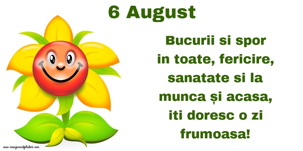 6.August Bucurii si spor in toate, fericire, sanatate si la munca și acasa, iti doresc o zi frumoasa!