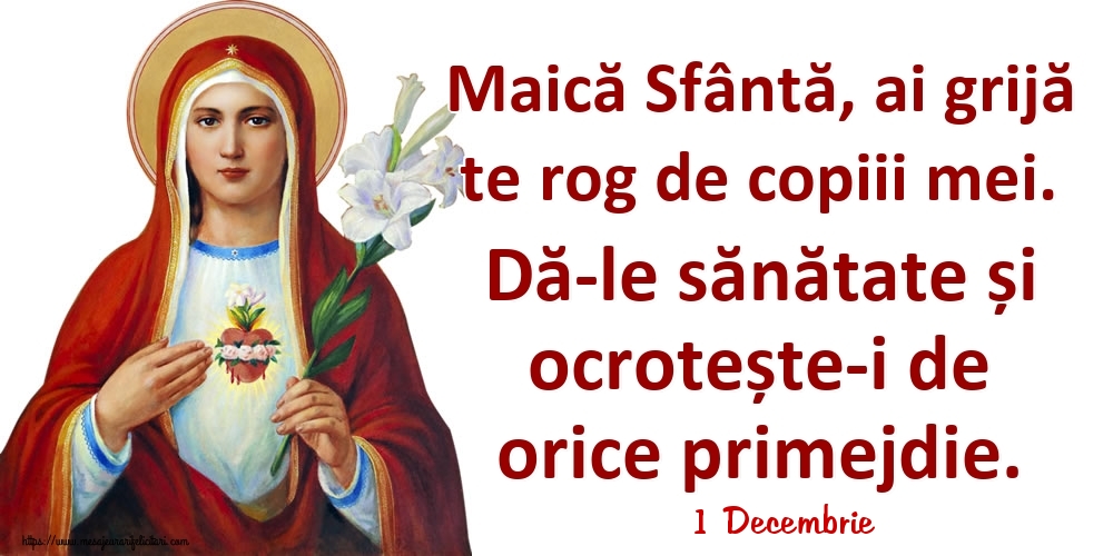 Felicitari de 1 Decembrie - 1 Decembrie - Maică Sfântă, ai grijă te rog de copiii mei. Dă-le sănătate și ocrotește-i de orice primejdie.