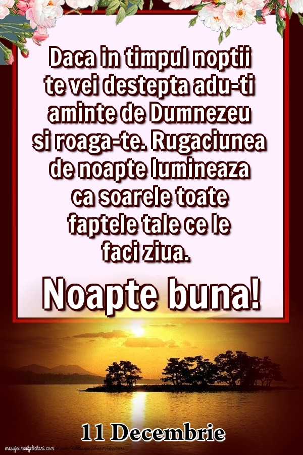 Felicitari de 11 Decembrie - 11 Decembrie - Daca in timpul noptii te vei destepta adu-ti aminte de Dumnezeu si roaga-te. Rugaciunea de noapte lumineaza ca soarele toate faptele tale ce le faci ziua. Noapte buna!