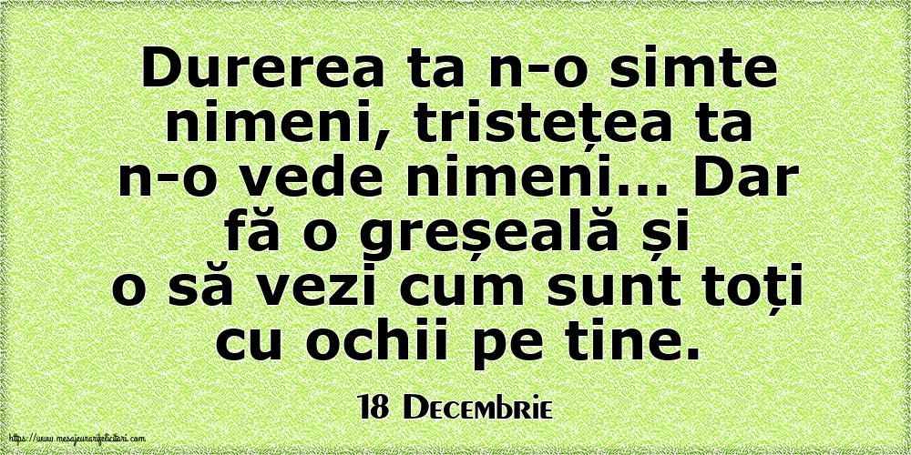 Felicitari de 18 Decembrie - 18 Decembrie - Durerea ta n-o simte nimeni, tristețea ta n-o vede nimeni…