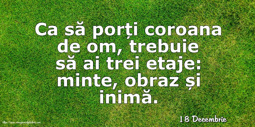 Felicitari de 18 Decembrie - 18 Decembrie - Ca să porți coroana de om, trebuie să ai trei etaje: minte, obraz și inimă.