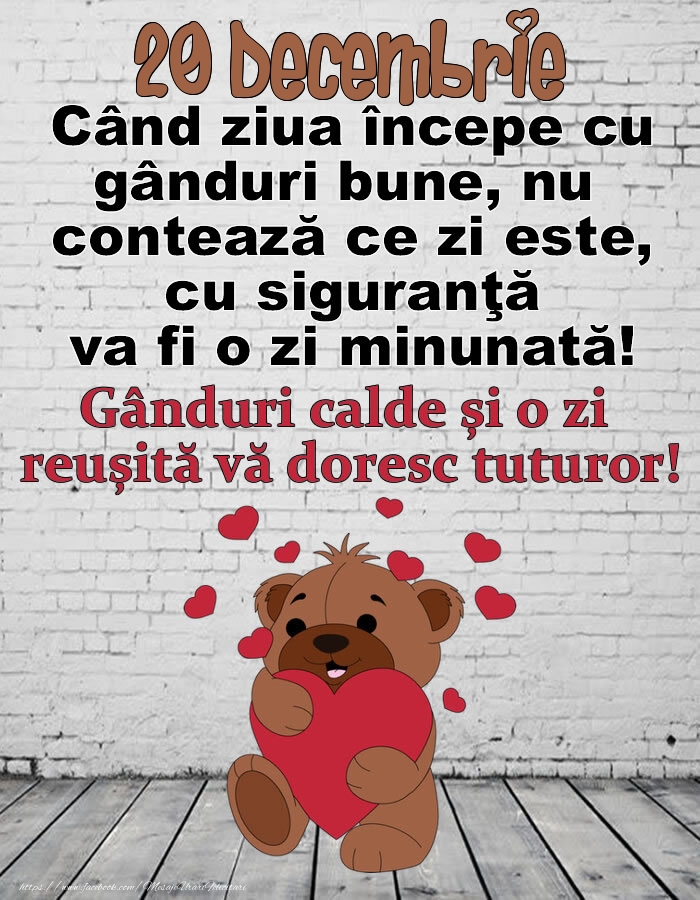 Felicitari de 20 Decembrie - 20 Decembrie Gânduri calde și o zi  reușită vă doresc tuturor!