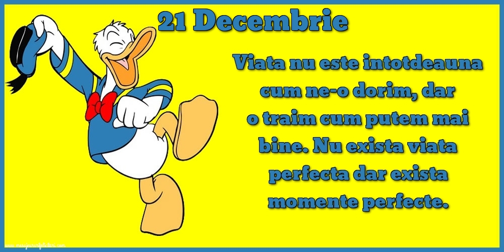 Felicitari de 21 Decembrie - 21.Decembrie Viata nu este intotdeauna cum ne-o dorim, dar o traim cum putem mai bine. Nu exista viata perfecta dar exista momente perfecte.