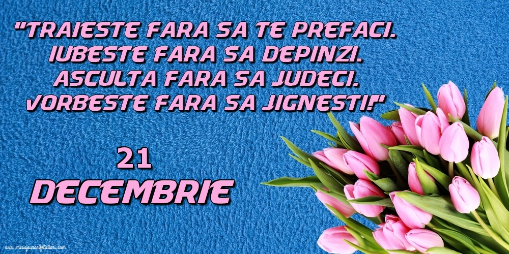 Felicitari de 21 Decembrie - 21.Decembrie Trăieşte fara sa te prefaci. Iubeşte fara sa depinzi. Asculta fara sa judeci. Vorbeste fara sa jignesti!