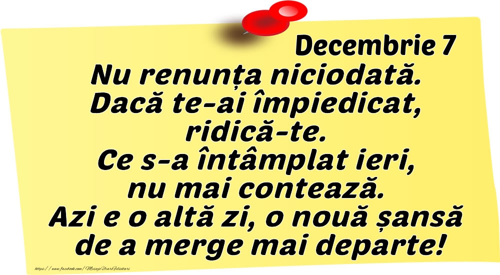 Felicitari de 7 Decembrie - Decembrie 7 Nu renunța niciodată. Dacă te-ai împiedicat, ridică-te. Ce s-a întâmplat ieri, nu mai contează. Azi e o altă zi, o nouă șansă de a merge mai departe!